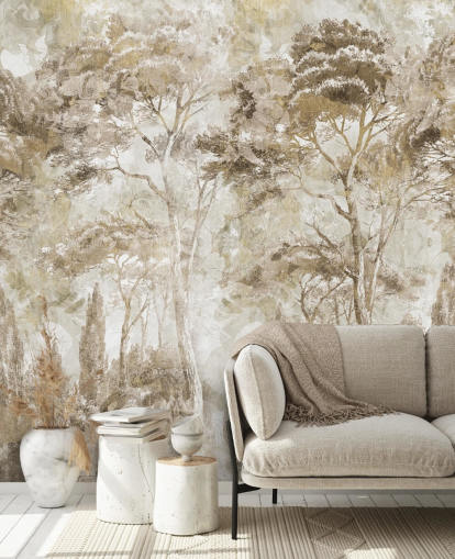 sepia forest mural called Antique Woodland Landscape by Edina Jeremscuk 