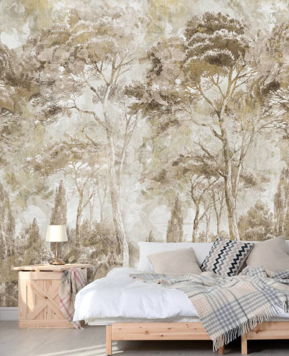 mural de floresta de sépia chamado Antique Woodland Landscape, de Edina Jeremscuk 