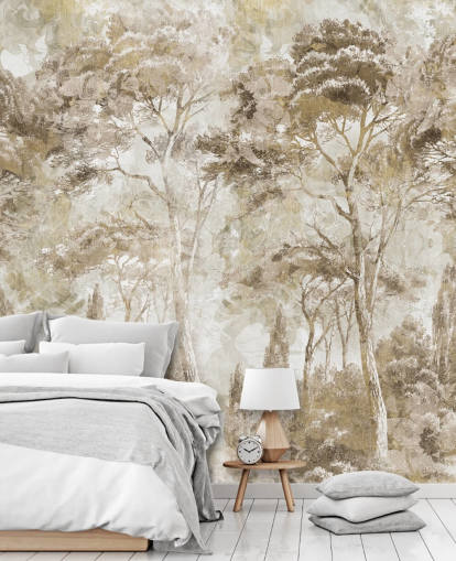 mural de bosque sepia llamado Antique Woodland Landscape de Edina Jeremscuk 