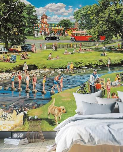 altmodische Sommer Tag am Fluss Tapete