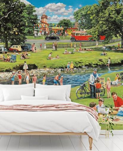 old fashioned summers day out by the river wallpaper