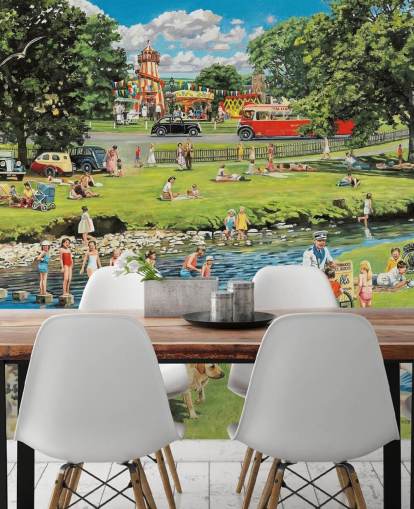 old fashioned summers day out by the river wallpaper