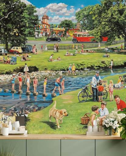 old fashioned summers day out by the river wallpaper