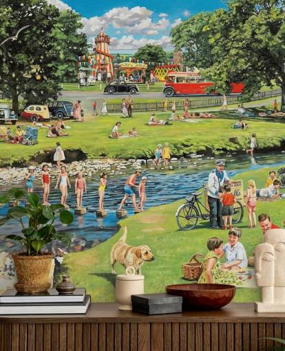 old fashioned summers day out by the river wallpaper