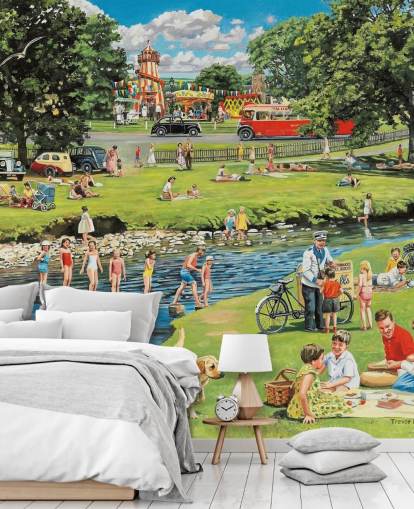 old fashioned summers day out by the river wallpaper