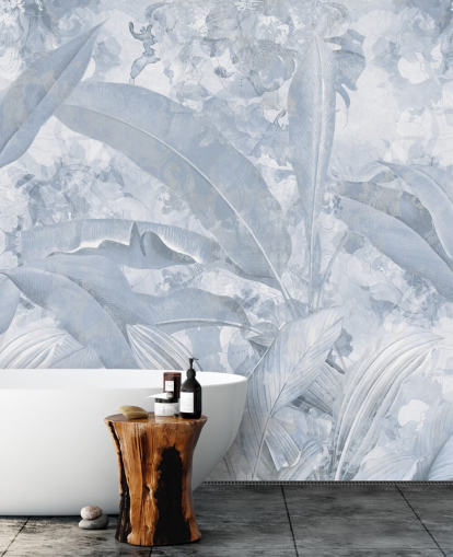 blå tilpasselig jungle-vægmaleri kaldet Misty Blue Tropical Palm af Edina Jeremscuk