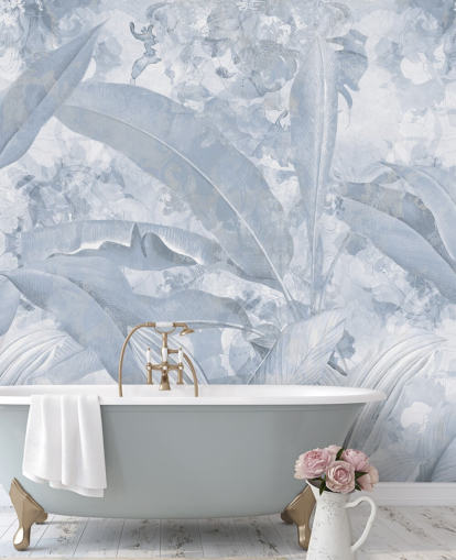 blue customisable jungle mural called Misty Blue Tropical Palm by Edina Jeremscuk