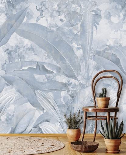 blauwe aanpasbare junglemuurschildering genaamd Misty Blue Tropical Palm van Edina Jeremscuk