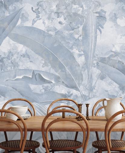 murale blu personalizzabile sulla giungla chiamato Misty Blue Tropical Palm di Edina Jeremscuk