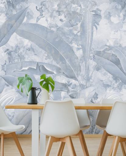 blå anpassningsbar djungelväggmålning kallad Misty Blue Tropical Palm av Edina Jeremscuk
