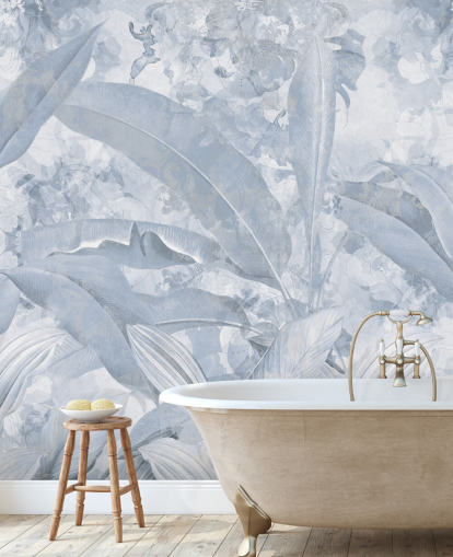 blue customizable jungle mural called Misty Blue Tropical Palm by Edina Jeremscuk