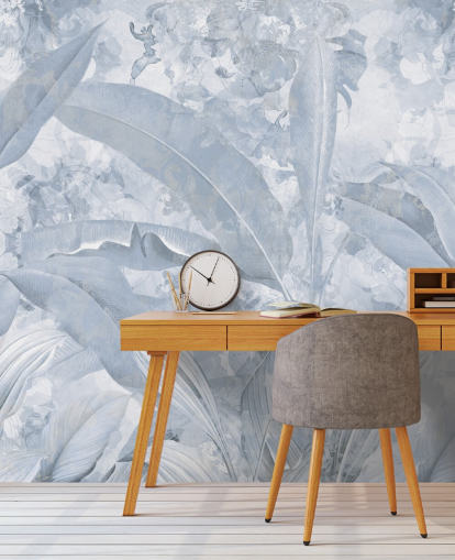 blue customisable jungle mural called Misty Blue Tropical Palm by Edina Jeremscuk blue customisable jungle mural called Misty Blue Tropical Palm by Edina Jeremscuk