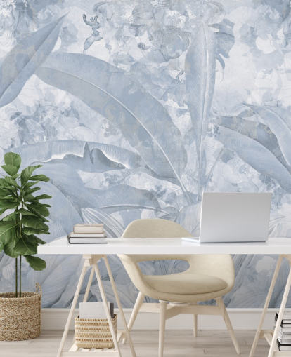 mural de selva azul personalizável chamado Misty Blue Tropical Palm de Edina Jeremscuk mural de selva azul personalizável chamado Misty Blue Tropical Palm de Edina Jeremscuk