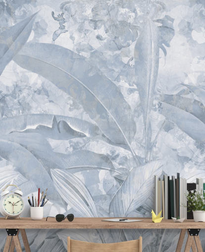 blaues anpassbares Dschungel-Wandbild namens Misty Blue Tropical Palm von Edina Jeremscuk