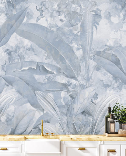 blue customisable jungle mural called Misty Blue Tropical Palm by Edina Jeremscuk blue customisable jungle mural called Misty Blue Tropical Palm by Edina Jeremscuk