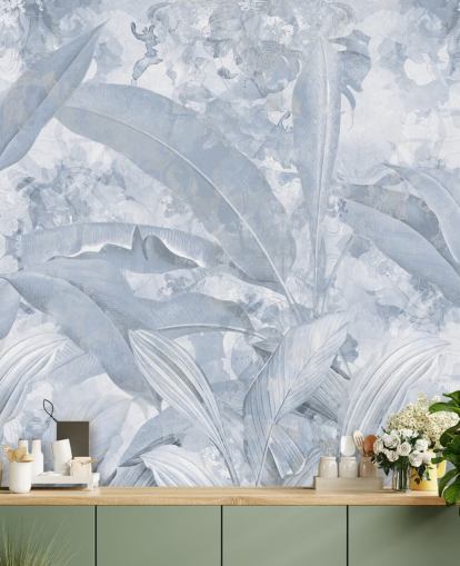 mural de selva azul personalizável chamado Misty Blue Tropical Palm de Edina Jeremscuk mural de selva azul personalizável chamado Misty Blue Tropical Palm de Edina Jeremscuk