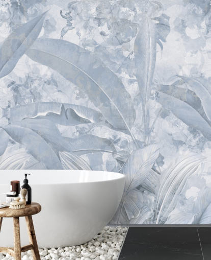 blue customisable jungle mural called Misty Blue Tropical Palm by Edina Jeremscuk