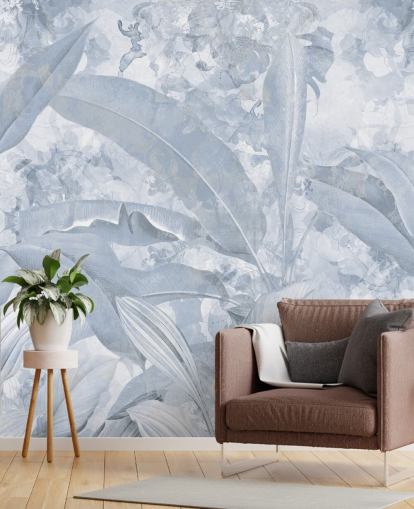blue customisable jungle mural called Misty Blue Tropical Palm by Edina Jeremscuk