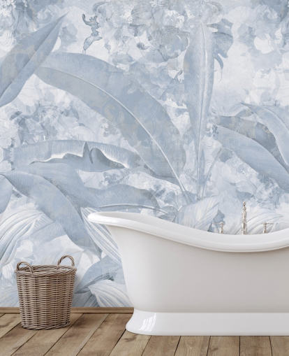 mural de selva azul personalizável chamado Misty Blue Tropical Palm de Edina Jeremscuk