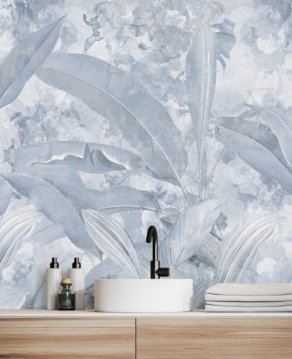 mural azul personalizable de la jungla llamado Misty Blue Tropical Palm de Edina Jeremscuk mural azul personalizable de la jungla llamado Misty Blue Tropical Palm de Edina Jeremscuk