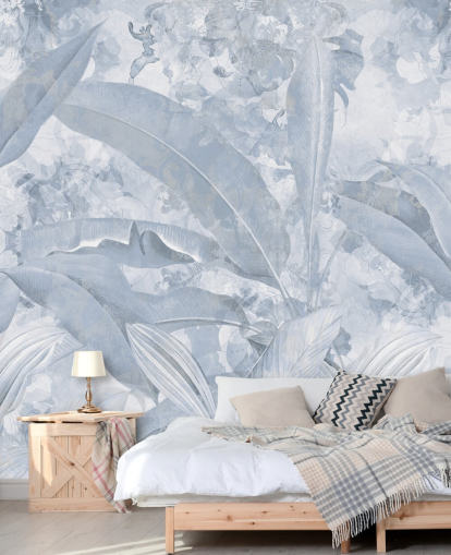 peinture murale bleue personnalisable de la jungle appelée Misty Blue Tropical Palm par Edina Jeremscuk peinture murale bleue personnalisable de la jungle appelée Misty Blue Tropical Palm par Edina Jeremscuk