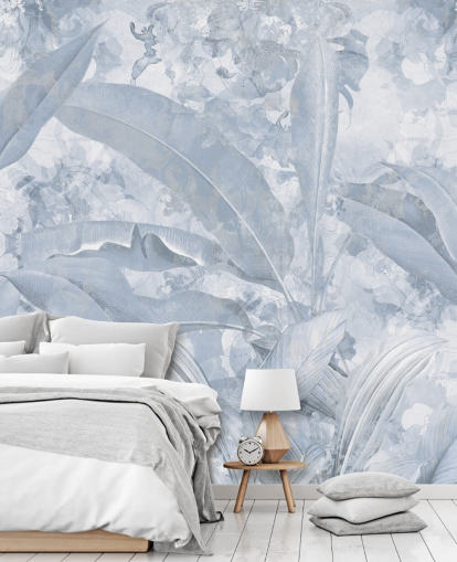 blaues anpassbares Dschungel-Wandbild namens Misty Blue Tropical Palm von Edina Jeremscuk