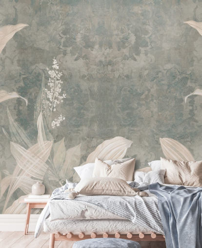 murale neutro personalizzato con foglie di palma chiamato Misty Forest Landscape di Edina Jeremscuk