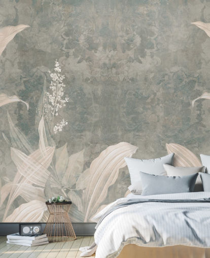 mural neutro personalizado de hojas de palmera llamado Misty Forest Landscape de Edina Jeremscuk