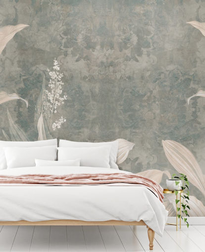 mural neutro personalizado de hojas de palmera llamado Misty Forest Landscape de Edina Jeremscuk