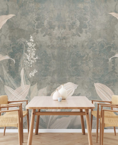 neutral custom palm leaf mural called Misty Forest Landscape by Edina Jeremscuk