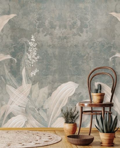 neutral custom palm leaf mural called Misty Forest Landscape by Edina Jeremscuk