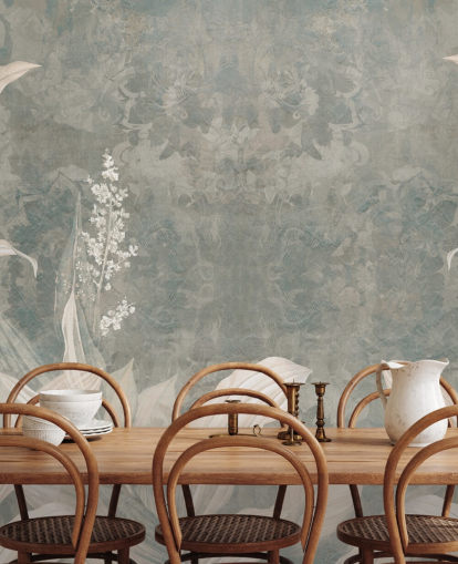 neutral custom palm leaf mural called Misty Forest Landscape by Edina Jeremscuk