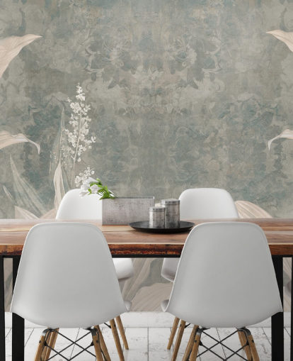 neutrale palmbladmuurschildering op maat genaamd Misty Forest Landscape door Edina Jeremscuk