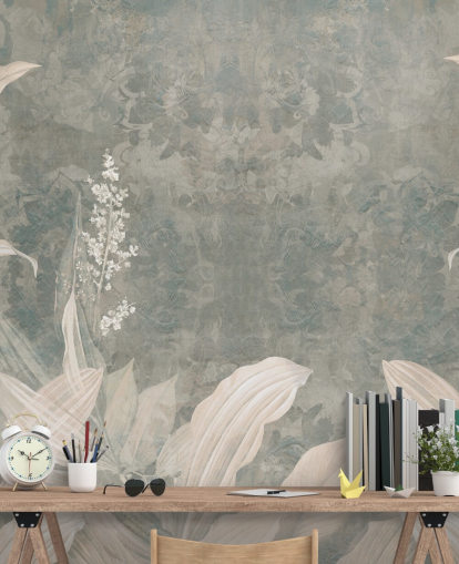 mural neutro personalizado de hojas de palmera llamado Misty Forest Landscape de Edina Jeremscuk