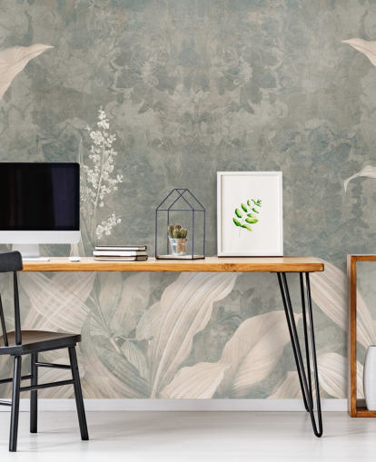 neutral custom palm leaf mural called Misty Forest Landscape by Edina Jeremscuk