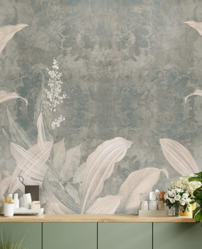 mural neutro de folha de palmeira personalizado chamado Misty Forest Landscape de Edina Jeremscuk mural neutro de folha de palmeira personalizado chamado Misty Forest Landscape de Edina Jeremscuk