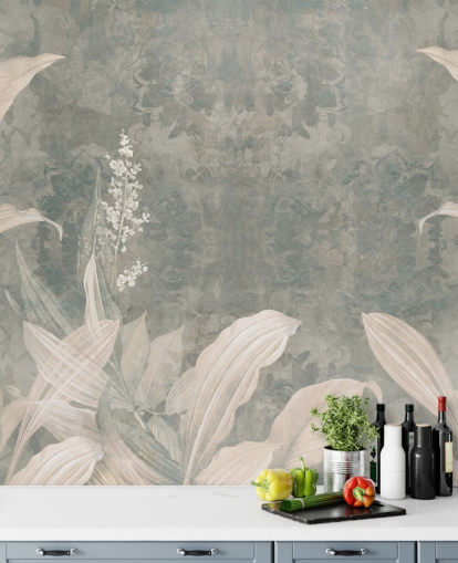 mural neutro de folha de palmeira personalizado chamado Misty Forest Landscape de Edina Jeremscuk