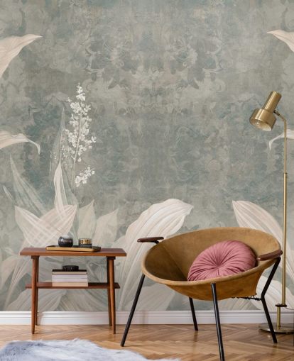 neutrales maßgeschneidertes Palmblatt-Wandbild namens Misty Forest Landscape von Edina Jeremscuk