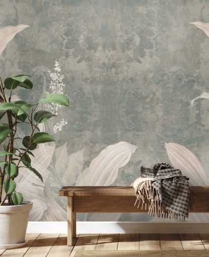 neutrales maßgeschneidertes Palmblatt-Wandbild namens Misty Forest Landscape von Edina Jeremscuk