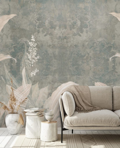 neutrales maßgeschneidertes Palmblatt-Wandbild namens Misty Forest Landscape von Edina Jeremscuk neutrales maßgeschneidertes Palmblatt-Wandbild namens Misty Forest Landscape von Edina Jeremscuk