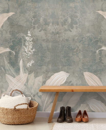 neutrale palmbladmuurschildering op maat genaamd Misty Forest Landscape door Edina Jeremscuk