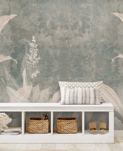 neutrale palmbladmuurschildering op maat genaamd Misty Forest Landscape door Edina Jeremscuk neutrale palmbladmuurschildering op maat genaamd Misty Forest Landscape door Edina Jeremscuk
