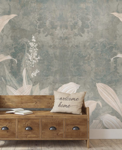 murale neutro personalizzato con foglie di palma chiamato Misty Forest Landscape di Edina Jeremscuk murale neutro personalizzato con foglie di palma chiamato Misty Forest Landscape di Edina Jeremscuk