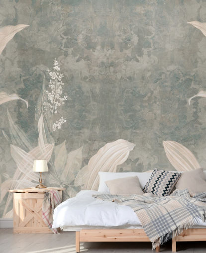neutrale palmbladmuurschildering op maat genaamd Misty Forest Landscape door Edina Jeremscuk