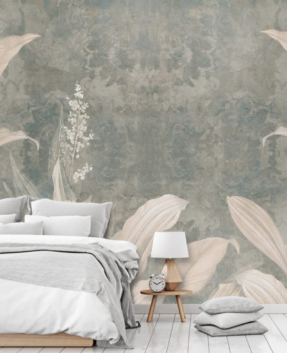 neutrale palmbladmuurschildering op maat genaamd Misty Forest Landscape door Edina Jeremscuk