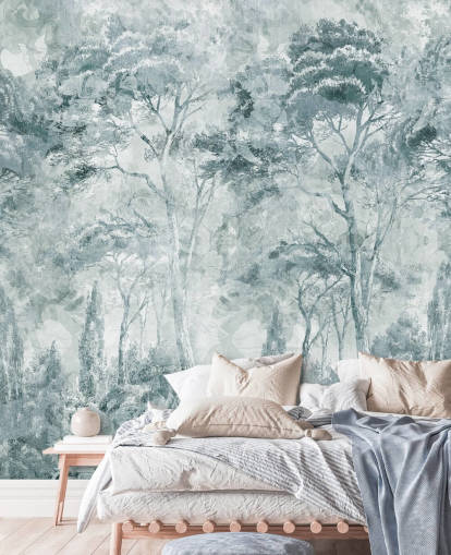 peinture murale forestière personnalisée appelée Misty Pine Forest Landscape par Edina Jeremscuk