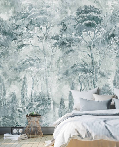 custom forest mural called Misty Pine Forest Landscape by Edina Jeremscuk
