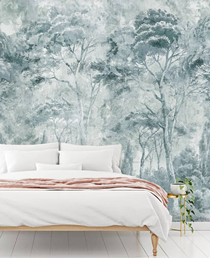 custom forest mural called Misty Pine Forest Landscape by Edina Jeremscuk