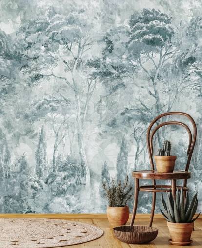 mural de bosque personalizado llamado Misty Pine Forest Landscape de Edina Jeremscuk