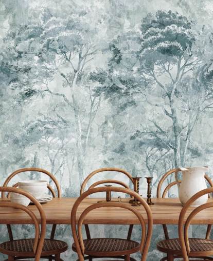 aangepaste bosmuurschildering genaamd Misty Pine Forest Landscape door Edina Jeremscuk